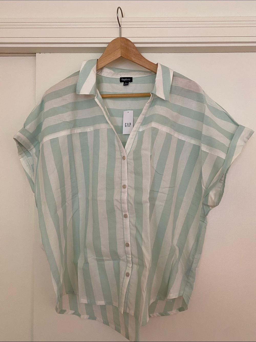 GAP Mint Green and White Vertical Stripe Button-Down Shirt